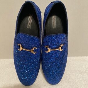 Dazzling Blue Glitter Loafers with Gold Accent